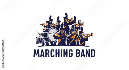 Musical procession illustration: A vibrant ensemble of uniformed musicians harmonizing with drums trumpets and flutes creating a dynamic visual