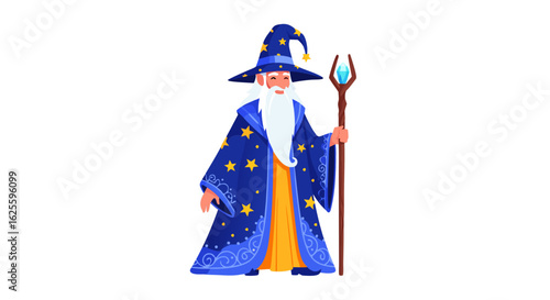 Cartoon illustration of a cheerful wizard with a star-covered robe and magical staff, isolated on a white background