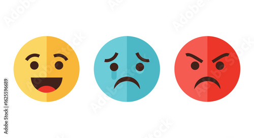 Diverse emotional expressions captured through simple, expressive, vibrant emoji designs exhibiting feelings of happiness, sadness and anger