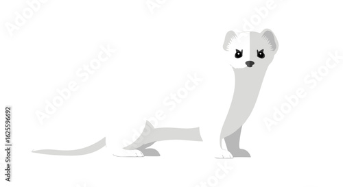 Minimalist winter stoat illustration with clean lines and soft neutral colors stands elegantly on a white background