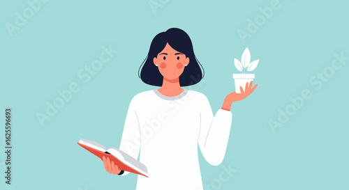Conceptual illustration of a woman embodying growth and knowledge with book and plant education concept