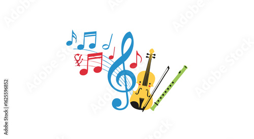 Illustration of Musical Harmony with Violin, Flute, Notes, and Treble Clef Depicting Creative Expression