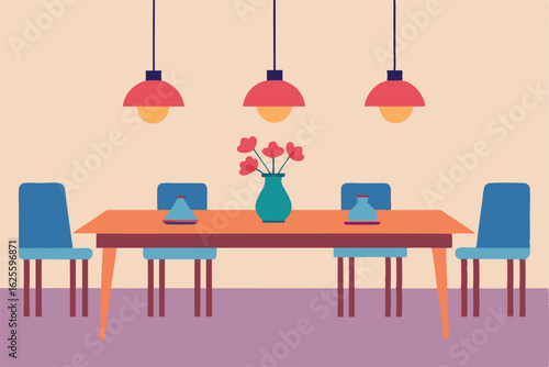 dining room with large wooden table  hanging light (1).eps