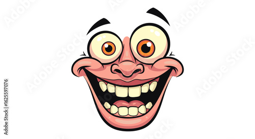 Exaggerated Cartoon Face with Wide Eyes and an Over-the-Top Grin on White Backdrop