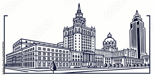 "Cityscape border frame made of urban buildings in line art, editable vector template for business cards, packaging or stationery design"
