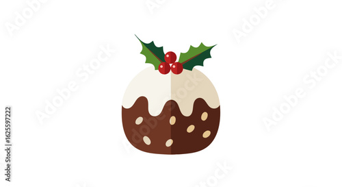 Charming festive christmas pudding illustration with holly isolated on white background