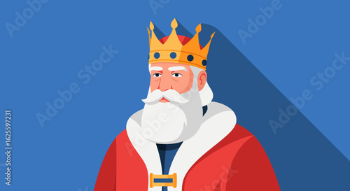 Illustrated Portrait of a Monarch with a Crown and Regal Attire on a Solid Blue Canvas