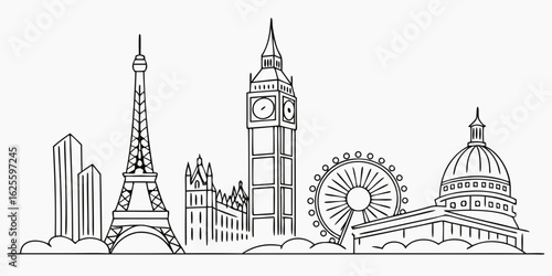 "Monoline skyline of iconic cities — New York, Paris, Tokyo, London — in one continuous line drawing, vector file, elegant minimal style"
