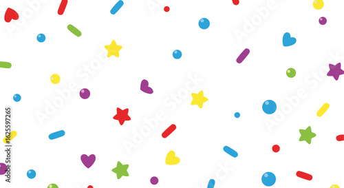 A playful scattering of vibrant confetti shapes on a clean white background provides a festive and joyful ambiance