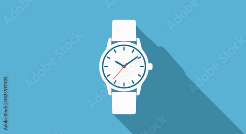 Minimalist wristwatch illustration with a long shadow against light blue background emphasizing classic elegance and timeless design for modern