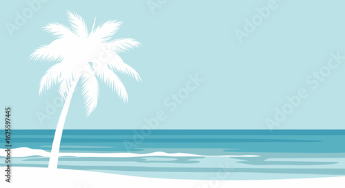 Serene tropical beach landscape featuring a silhouette palm tree against a pastel sky and calm ocean waters creating a tranquil seaside scene