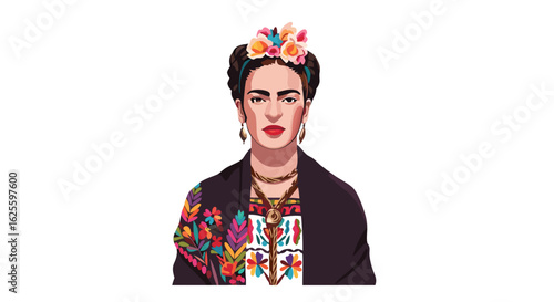 Illustration of a poised woman with a flower crown and shawl reflecting cultural artistic representation with expressive details and vibrant
