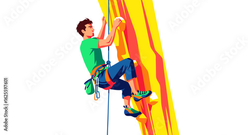 Dynamic vector illustration depicting a determined man engaged in indoor rock climbing activity on a vibrant yellow wall with safety gear in place