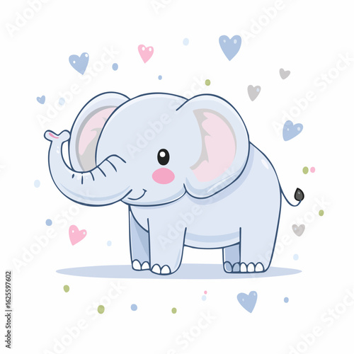 Adorable Baby Elephant Cartoon Illustration with Heart Accents on a White Background