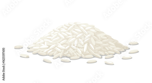 Pile of long-grain rice grains isolated on white surface for culinary illustration and food related projects promoting healthy eating or asian cuisine