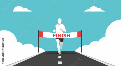 Stylized vector illustration of a runner crossing the finish line on a serene day with clouds and a blue sky