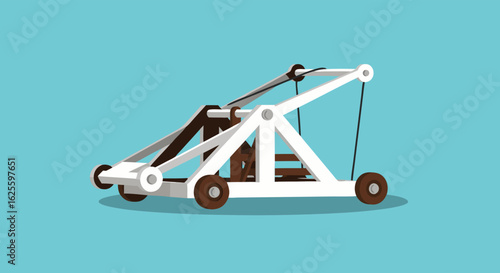 Whimsical catapult illustration rendered with minimalist design on azure backdrop evokes feelings of nostalgia and ingenuity