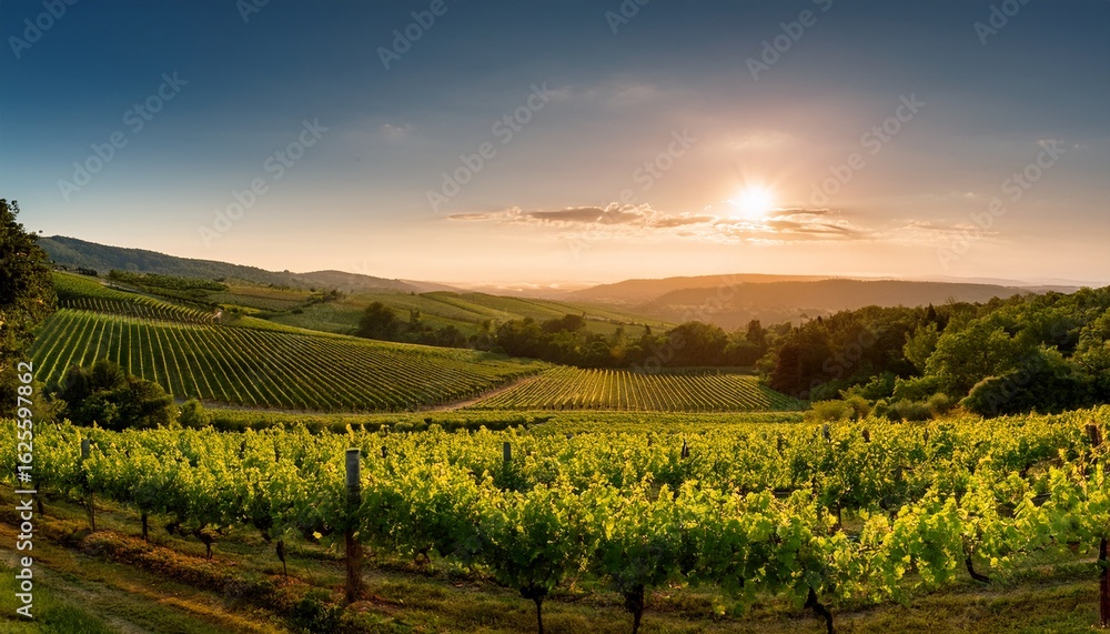 Naklejka premium serene vineyard landscape at sunset with lush green rows of grapevines and majestic mountains in the background