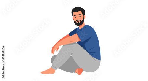 Illustrated Man Sitting on the Floor in Casual Wear Against a White Background Depicting Contemplation