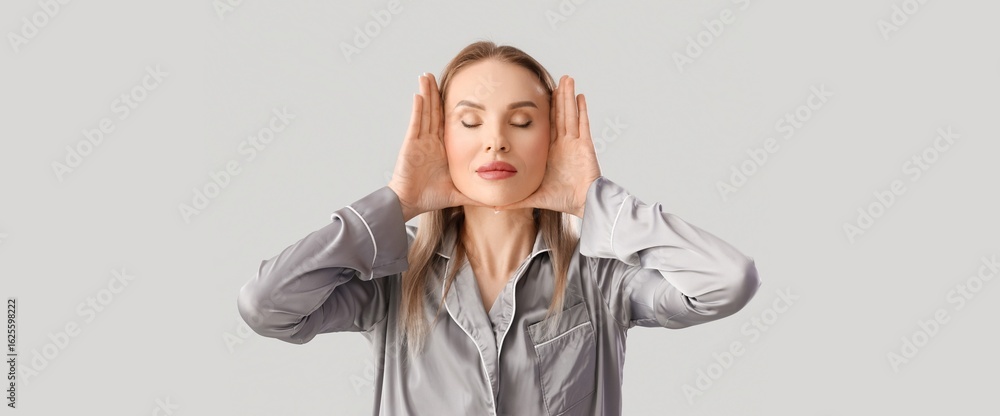 Woman doing face building exercise on grey background Woman doing face building exercise on grey background