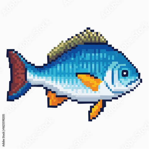 Pixelated aquatic life: An artistic rendition of a colorful fish in pixel art style