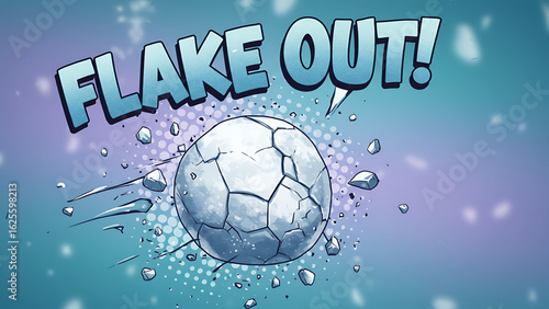 Dynamic comic book style illustration of a cracked snowball in motion with the text flake out