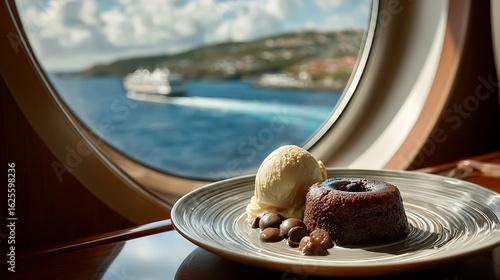 A gourmet dessert, like a lava cake with ice cream, on an elegant plate on a table next to a large, round ship window. Through the window, a stunning coastal landscape is visible as the ship sails by.