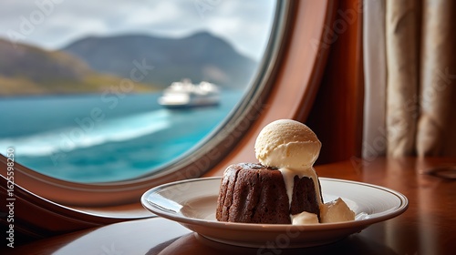 A gourmet dessert, like a lava cake with ice cream, on an elegant plate on a table next to a large, round ship window. Through the window, a stunning coastal landscape is visible as the ship sails by.