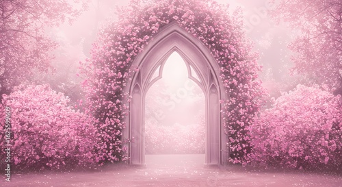 Enchanted Archway: Pink Blossoms on Gothic Portal