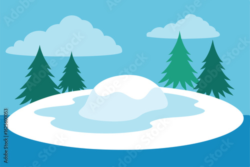 fluffy snow drifts over a frozen pond surrounded b (1).eps