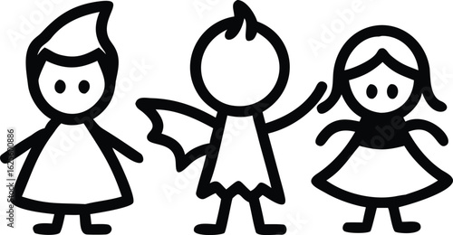 Three simple black and white cartoon children in costumes on white background kids