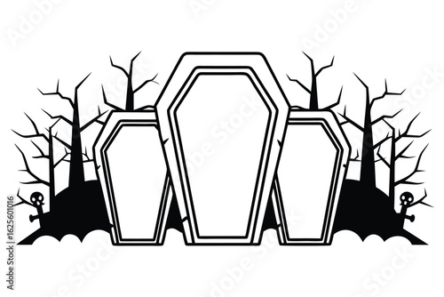 black and white coffins halloween scene clip art preview
