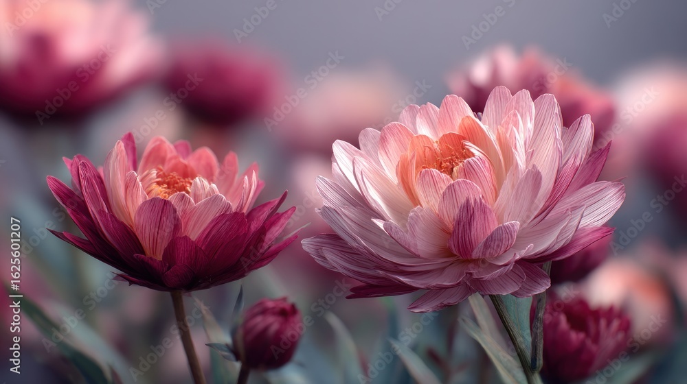 Fototapeta premium Delicate Pink and Burgundy Blooms in Soft Focus