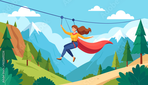 Zipline Adventure: Woman with Cape in Mountain Landscape