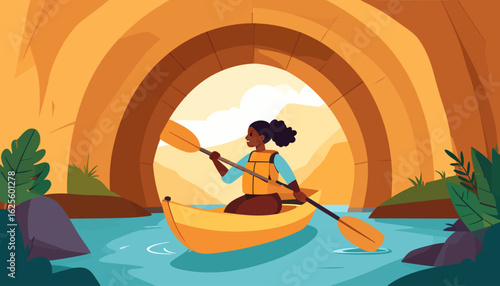Kayaking Adventure: Woman Paddling Through Cave Arch