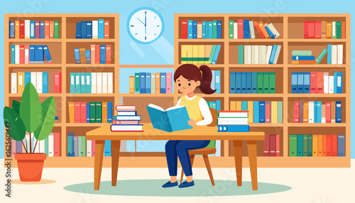 Girl Reading Book in Library, Colorful Cartoon Illustration