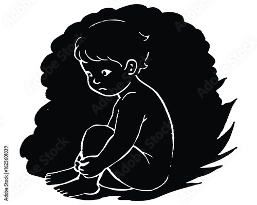 Sad child hugging knees in dark art, conveying loneliness, vulnerability, grief
