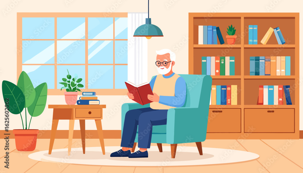 Fototapeta premium Senior Man Reading Book in Cozy Room, Flat Illustration