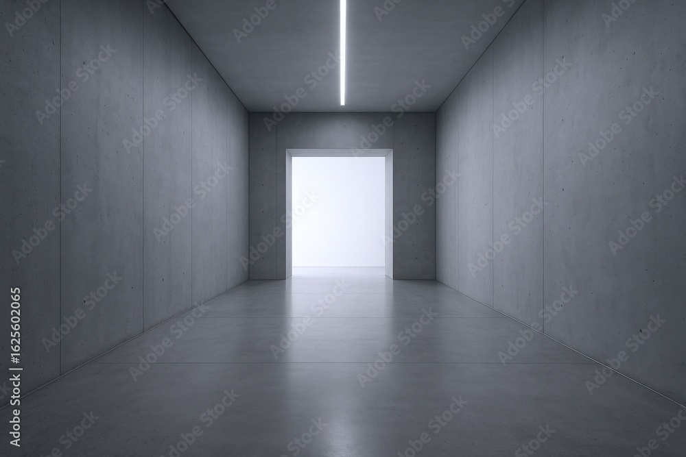 Obraz premium Minimalist Concrete Hallway with Bright Light at the End, Perfect for Modern Architecture and Design