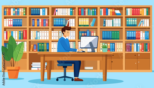 Home Office Bookshelf Illustration: Focused Work and Study Space