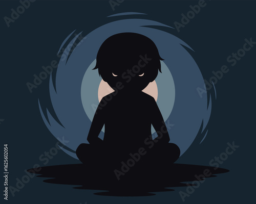 Boy meditating in lotus pose with dark storm swirling behind him, power surge