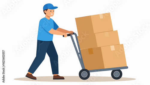 Delivery Man with Hand Truck and Boxes - Vector Illustration