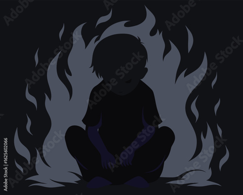 Sad child silhouette surrounded by flames evokes feelings of isolation and fear