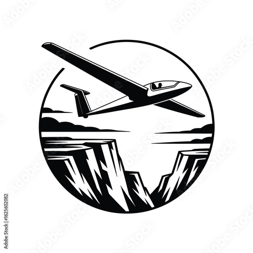 Glider aircraft flying over a canyon silhouette isolated on white background