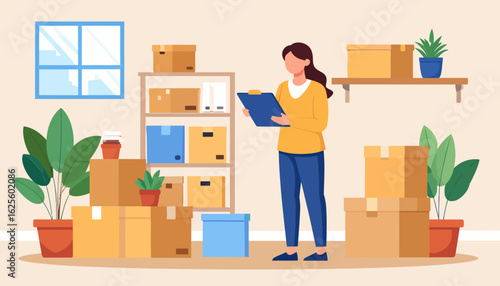 Inventory Management: Woman Checking Boxes in a Storage Room