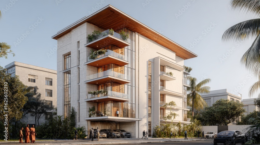 Fototapeta premium Modern Luxury Apartment Building Exterior with Balconies, Landscaping and Street View
