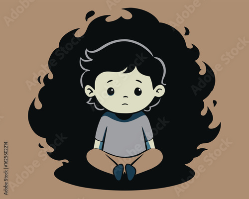 Cartoon boy with worried expression sits cross legged with dark aura around him