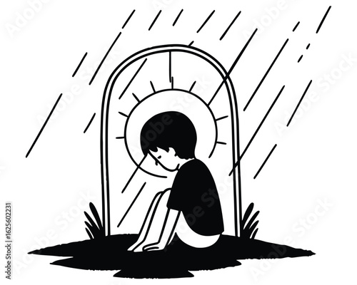 Sad young boy grieving at grave in the rain expressing loss and sorrowful pain