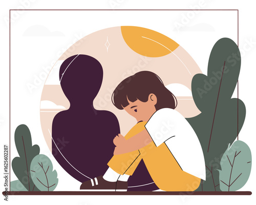 Lonely child hugging knees with dark shadow symbolizing isolation and sadness