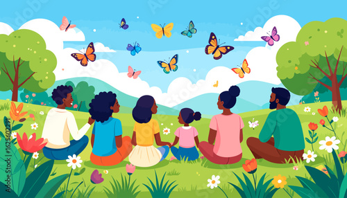 Family Watching Butterflies in a Sunny Meadow Illustration